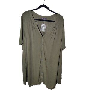 Roaman's Olive Green Button-Up Short Sleeve Rayon Peasant Tunic Top 20W NWOT